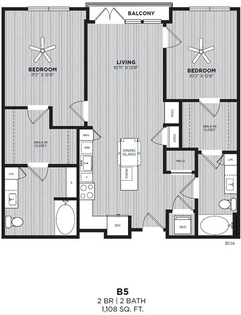 A black and white image of a floor plan for a 2 bedroom, 2 bath condo.